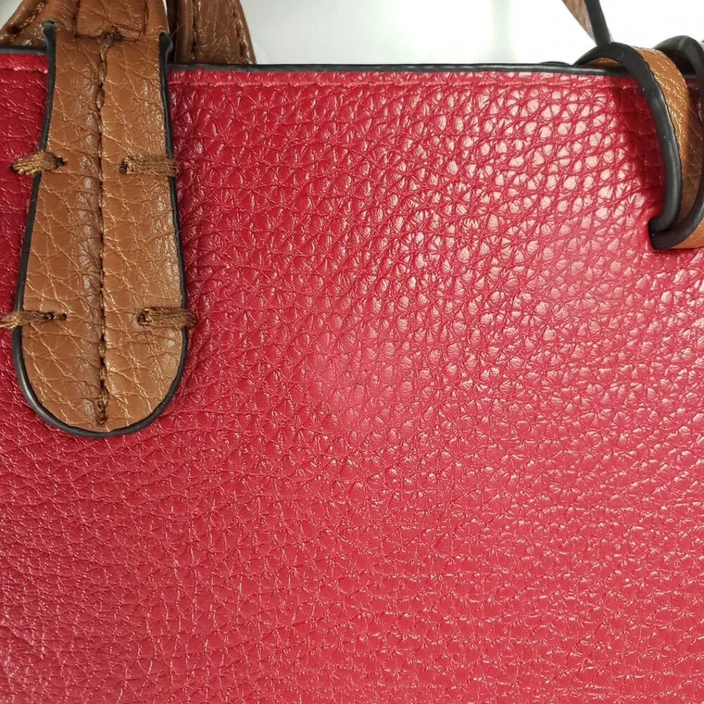 Kris Ana Reversible Handbag Camel Tan Red Key Ring Tote Bucket Purse